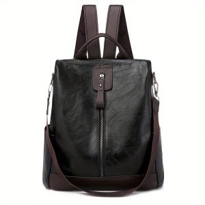 Sac à dos en cuir noir élégant avec fermeture éclair centrale, bretelles ajustables marron, design moderne, idéal pour le travail ou les voyages.