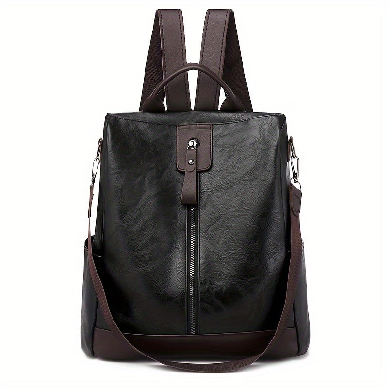 Sac à dos en cuir noir élégant avec fermeture éclair centrale, bretelles ajustables marron, design moderne, idéal pour le travail ou les voyages.