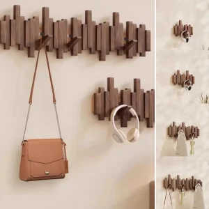 Solid Wood Wall Coat Rack – Piano Key Hooks, No Drilling