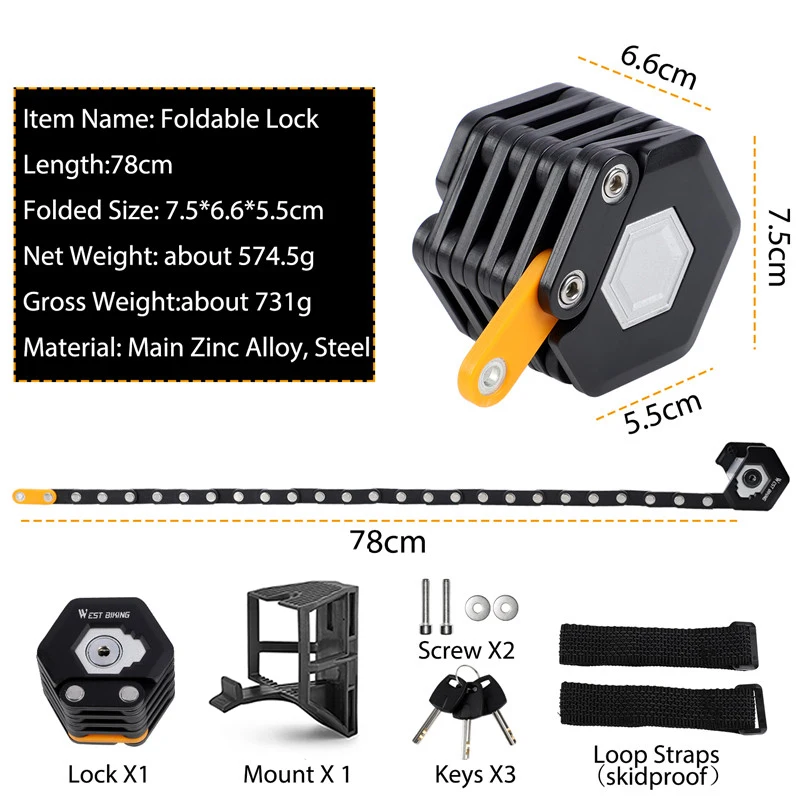 WEST BIKING Folding Bicycle Lock Alloy Steel - Image 3